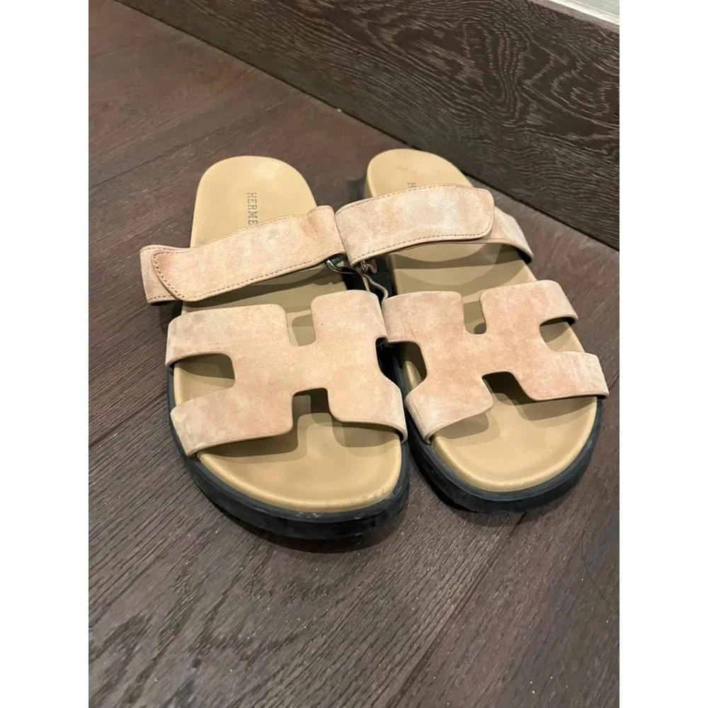 Hermès Chypre Suede Sandals Beige EU 41 Men's Adjustable Strap Made in Italy